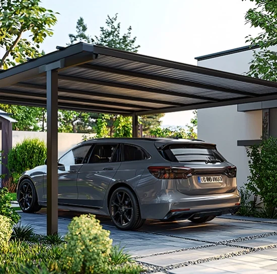 nowoczesna wiata samochodowa, w niej zaparkowane auto